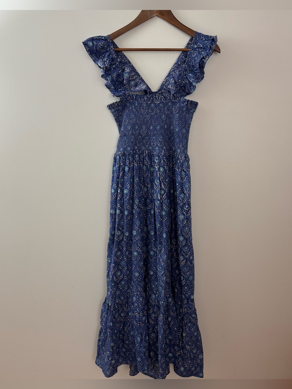 Blue Floral Maxi Dress with Ruffle Straps